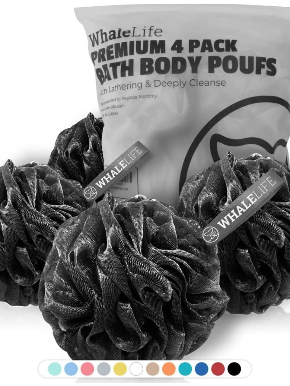Bath Loofah Sponge for Shower - Body Scrubber 4-Pack Black